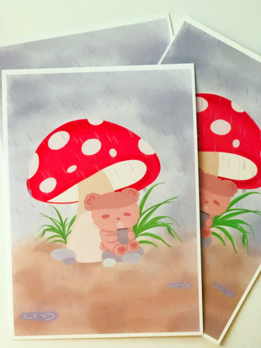 Rainy Day Mushroom Bear Art Print, Kawaii, Fall